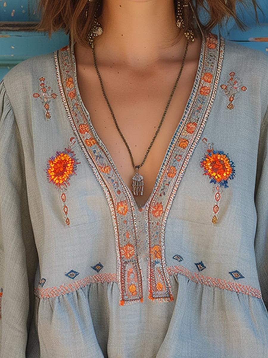 V-Neck Embroidered Blouse - Long Sleeve with Wide Cuffs - Casual Women's Top