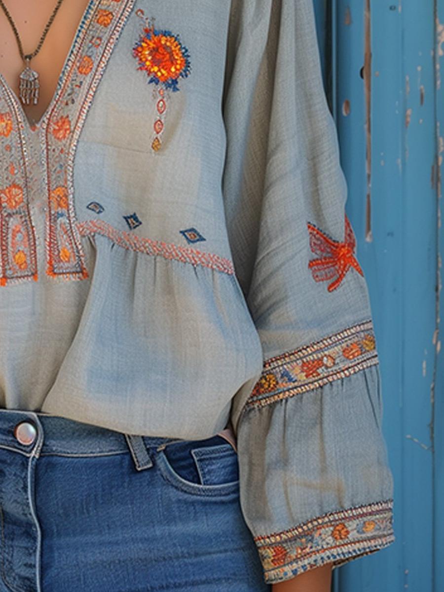 V-Neck Embroidered Blouse - Long Sleeve with Wide Cuffs - Casual Women's Top