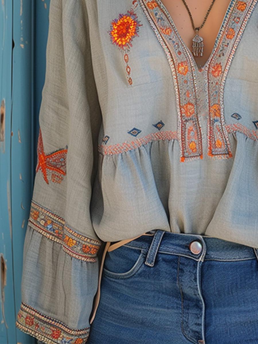 V-Neck Embroidered Blouse - Long Sleeve with Wide Cuffs - Casual Women's Top