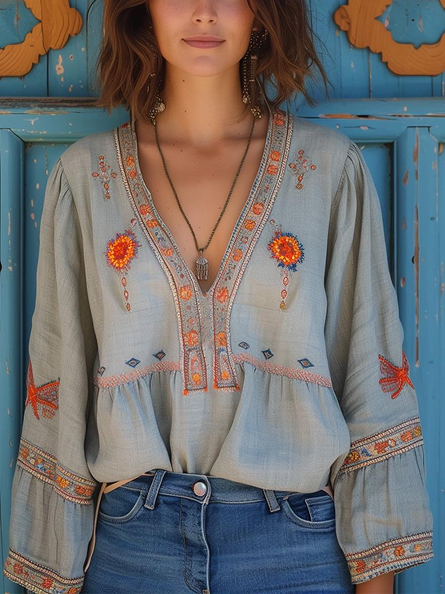 V-Neck Embroidered Blouse - Long Sleeve with Wide Cuffs - Casual Women's Top