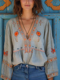 V-Neck Embroidered Blouse - Long Sleeve with Wide Cuffs - Casual Women's Top