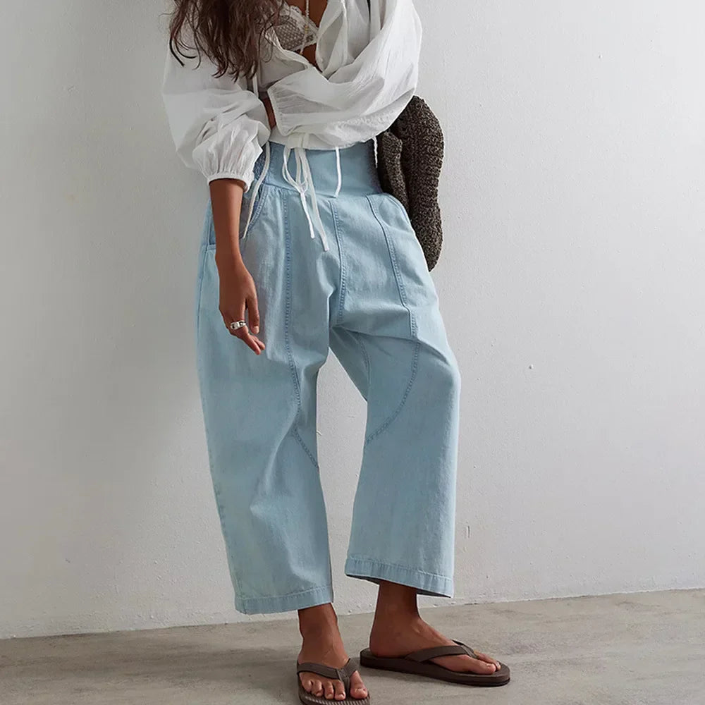 Wide Leg Cotton Blend Pants for Women - Casual Weekend Trousers