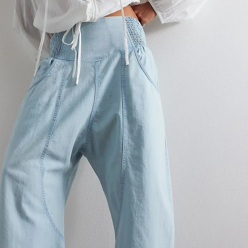 Wide Leg Cotton Blend Pants for Women - Casual Weekend Trousers