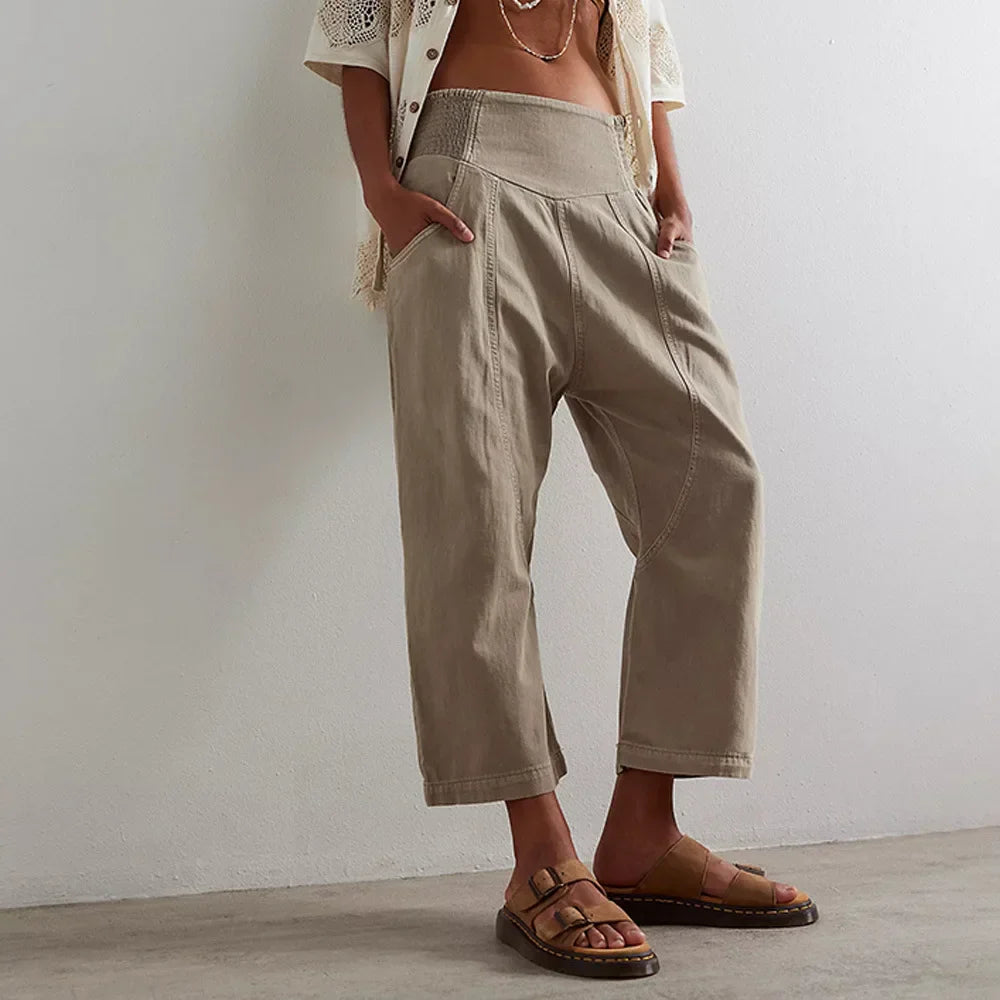 Wide Leg Cotton Blend Pants for Women - Casual Weekend Trousers