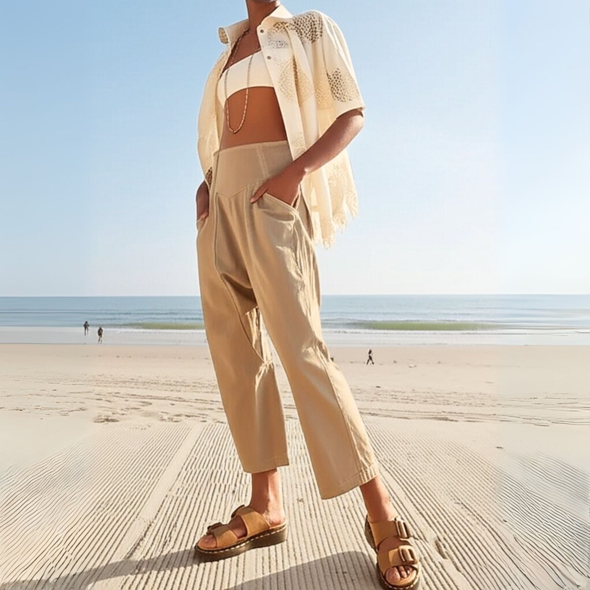 Wide Leg Cotton Blend Pants for Women - Casual Weekend Trousers