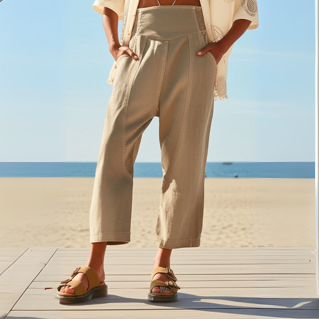 Wide Leg Cotton Blend Pants for Women - Casual Weekend Trousers