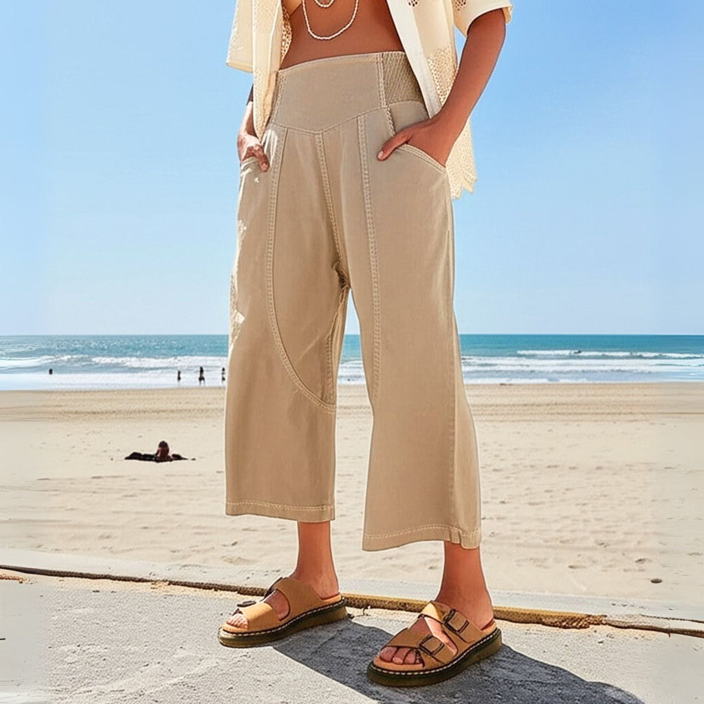Wide Leg Cotton Blend Pants for Women - Casual Weekend Trousers