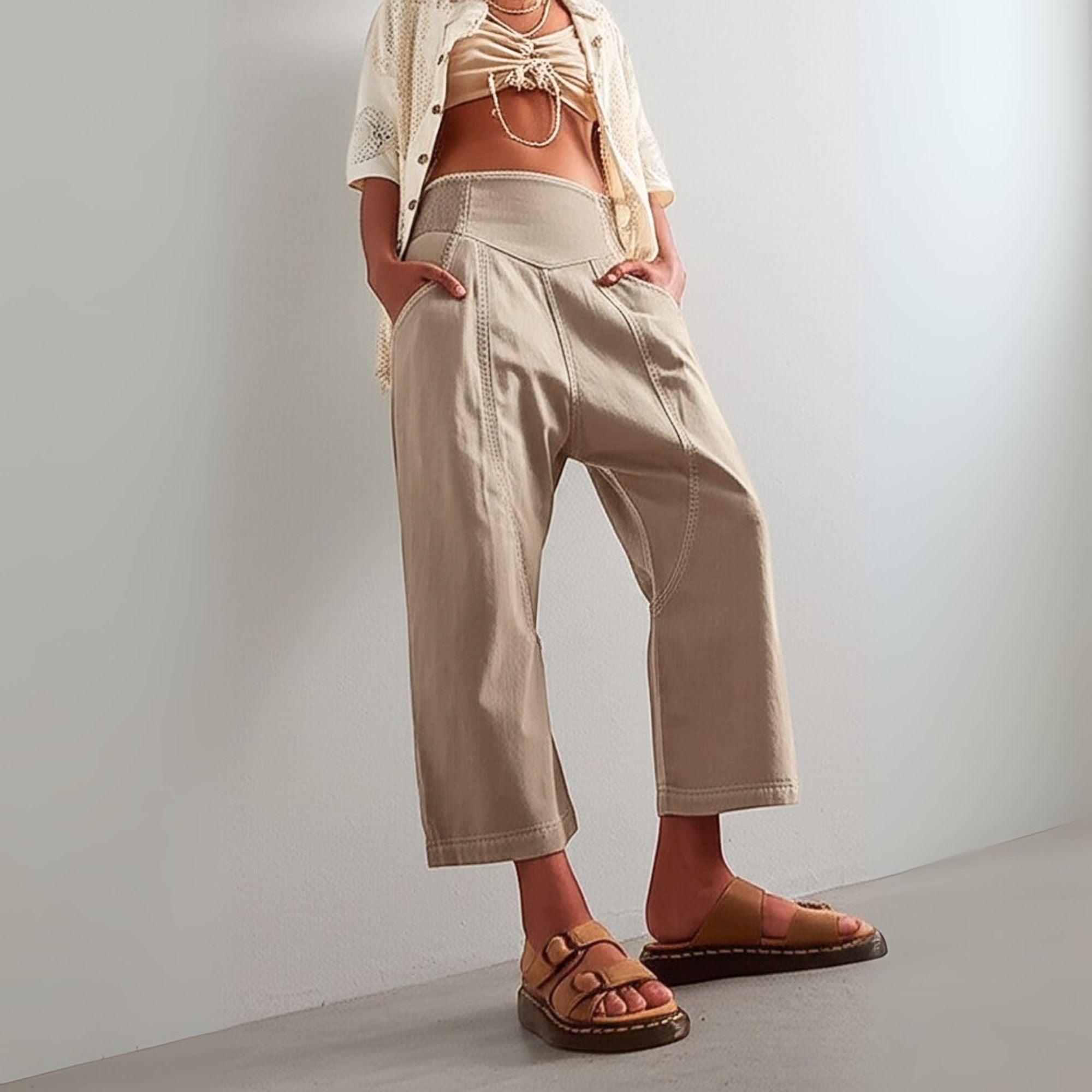 Wide Leg Cotton Blend Pants for Women - Casual Weekend Trousers