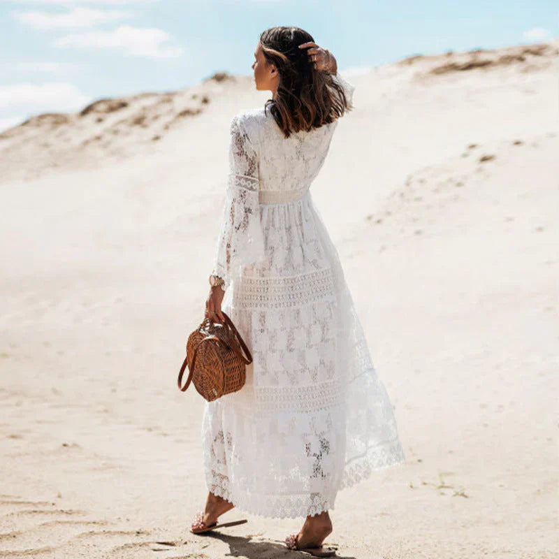 V-Neck Women's Maxi Dress with Long Flared Sleeves - Casual or Formal Wear
