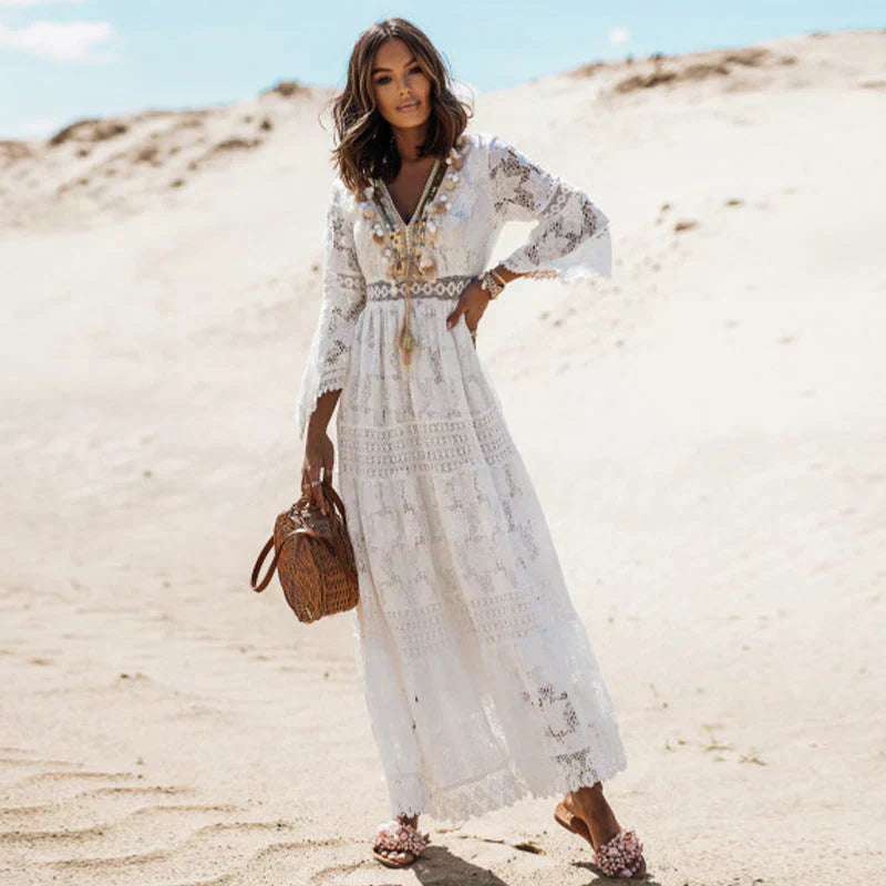 V-Neck Women's Maxi Dress with Long Flared Sleeves - Casual or Formal Wear