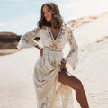 V-Neck Women's Maxi Dress with Long Flared Sleeves - Casual or Formal Wear