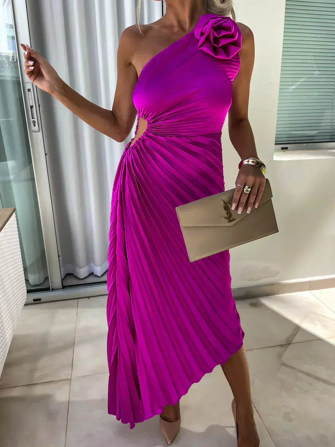 Women's Pleated Shoulder Dress - Elegant Casual or Formal Wear with Pleated Design