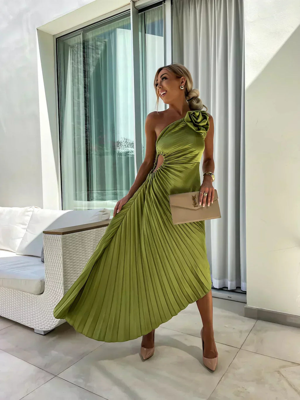 Women's Pleated Shoulder Dress - Elegant Casual or Formal Wear with Pleated Design