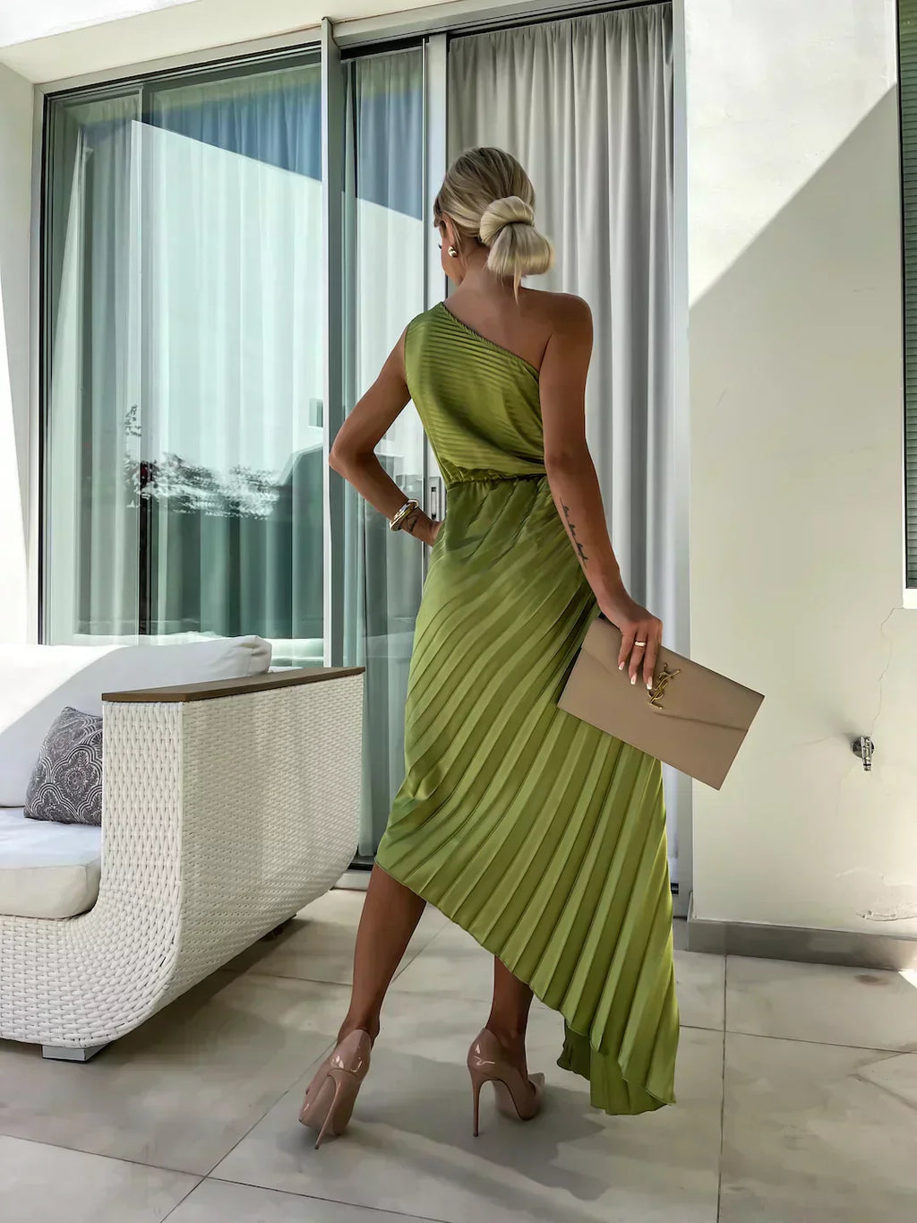Women's Pleated Shoulder Dress - Elegant Casual or Formal Wear with Pleated Design