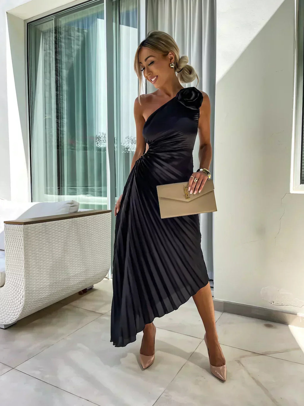 Women's Pleated Shoulder Dress - Elegant Casual or Formal Wear with Pleated Design