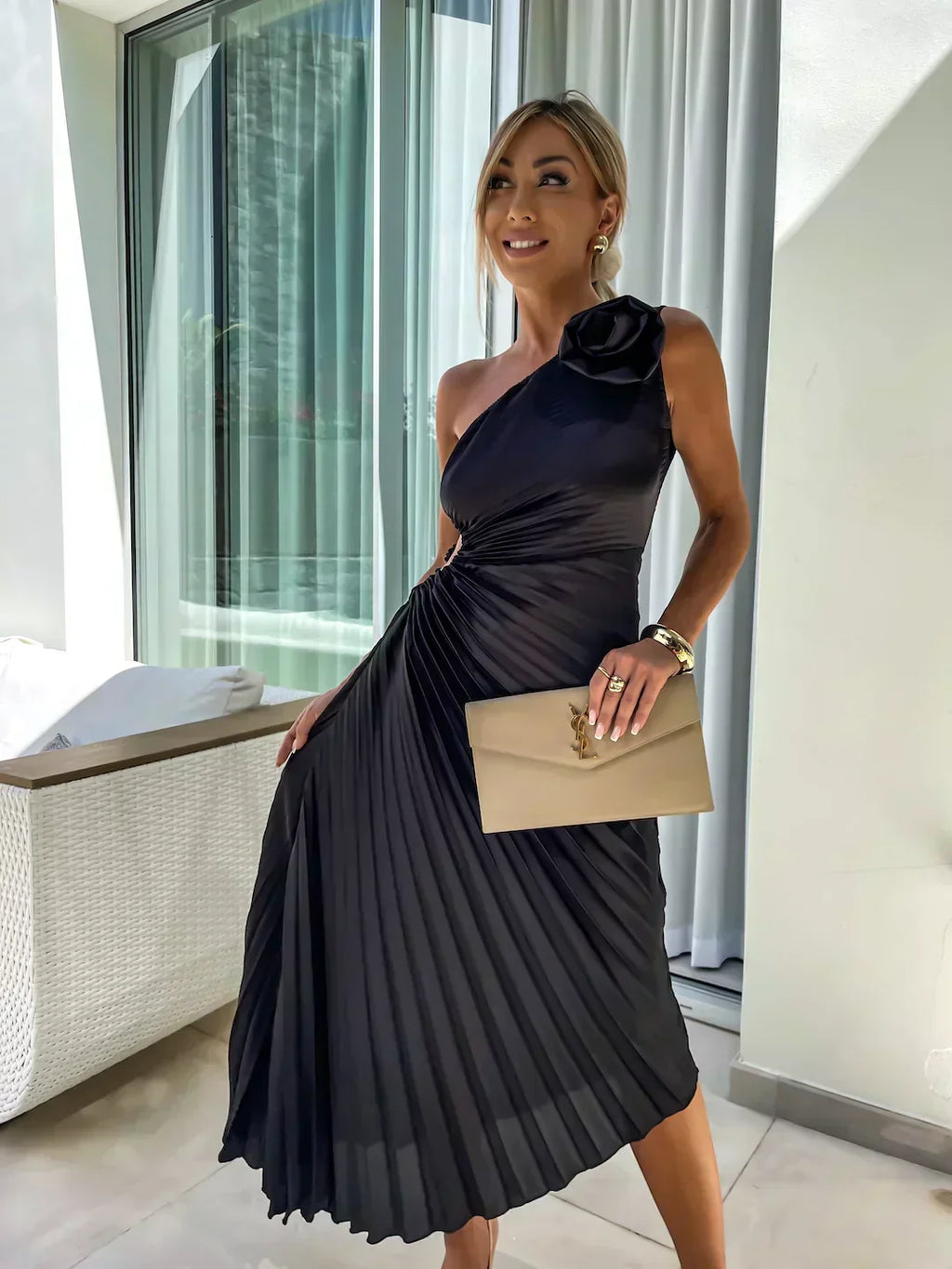 Women's Pleated Shoulder Dress - Elegant Casual or Formal Wear with Pleated Design