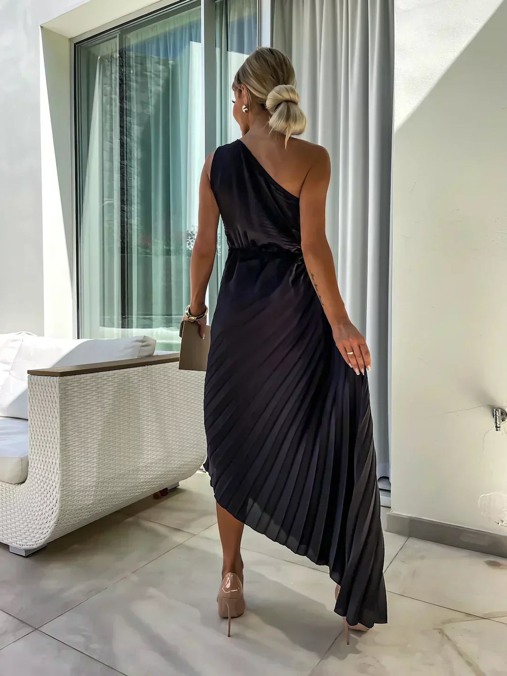 Women's Pleated Shoulder Dress - Elegant Casual or Formal Wear with Pleated Design