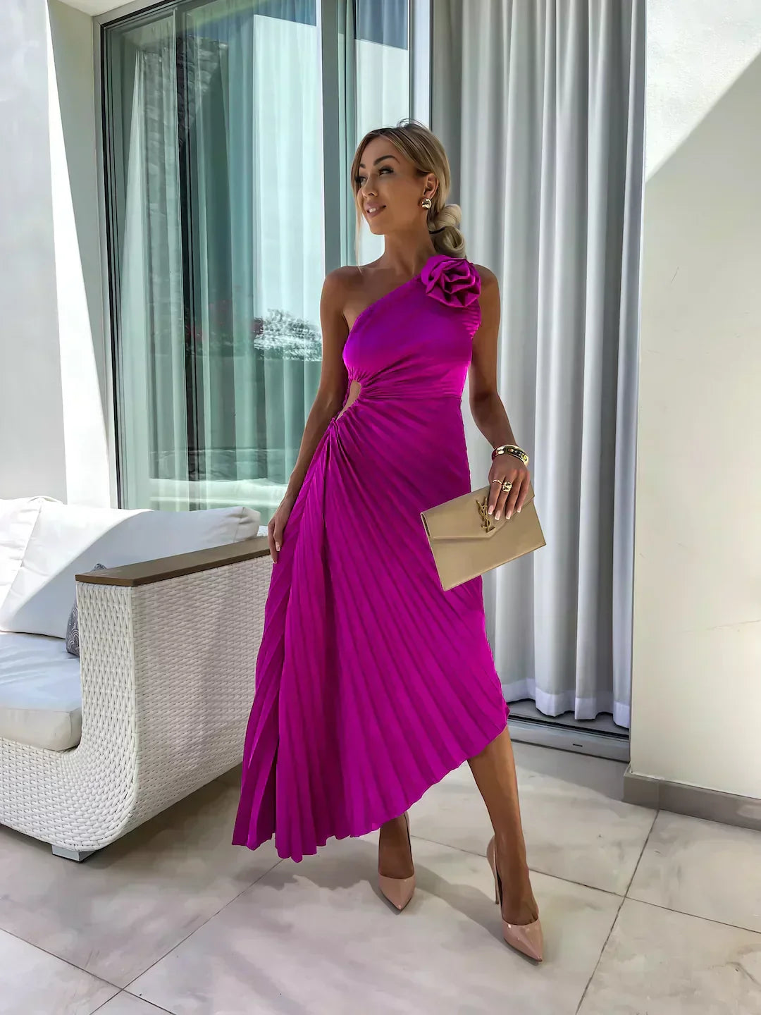 Women's Pleated Shoulder Dress - Elegant Casual or Formal Wear with Pleated Design