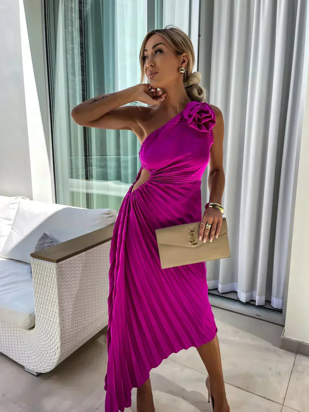 Women's Pleated Shoulder Dress - Elegant Casual or Formal Wear with Pleated Design