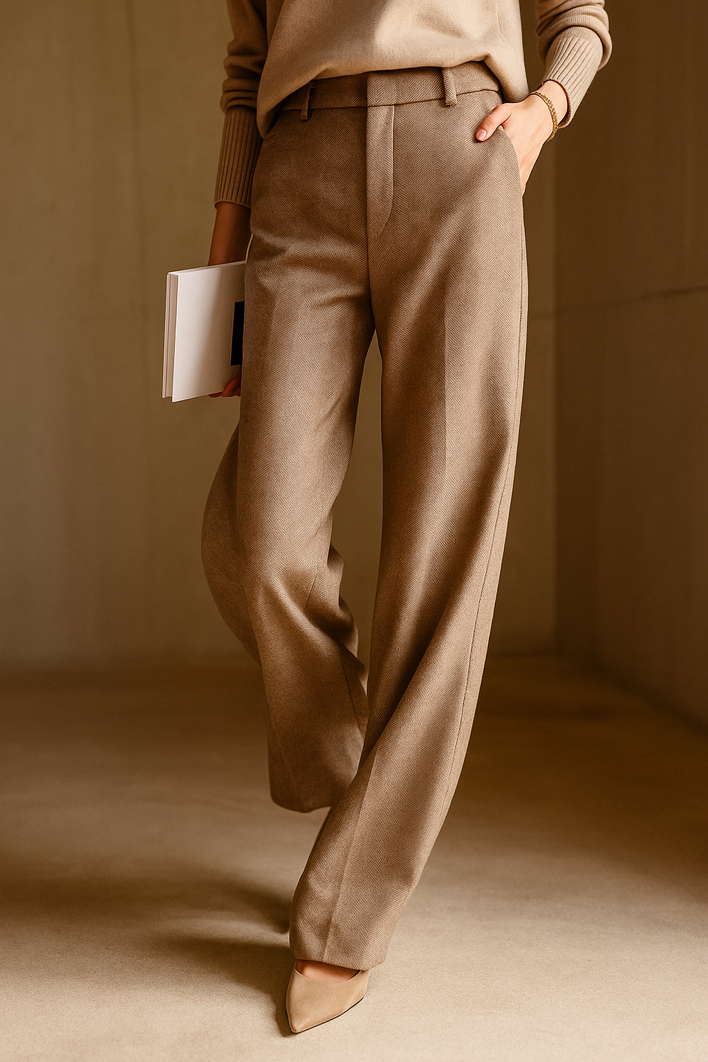 Wool Herringbone Trousers for Women - Classic Fit Dress Pants for Office & Casual