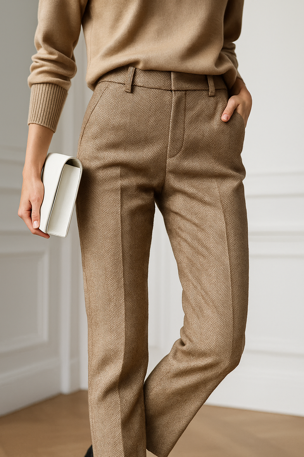 Wool Herringbone Trousers for Women - Classic Fit Dress Pants for Office & Casual