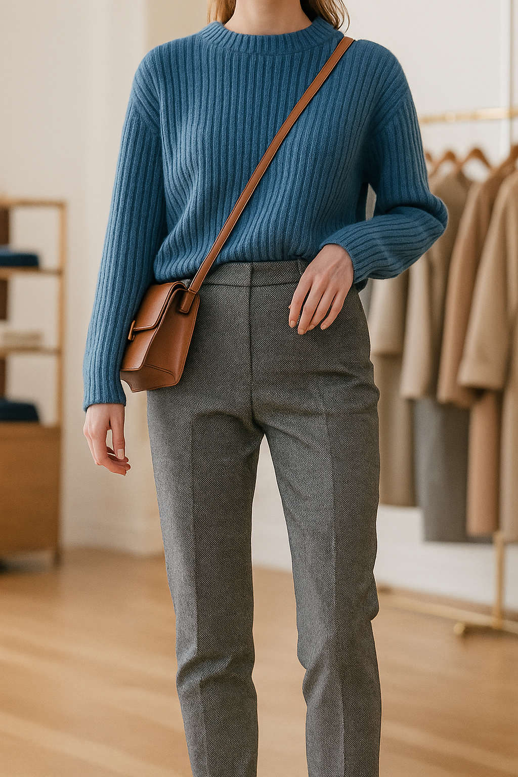 Wool Herringbone Trousers for Women - Classic Fit Dress Pants for Office & Casual