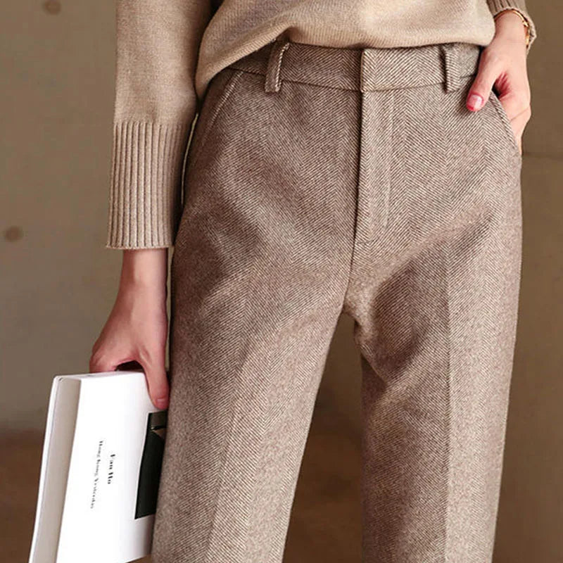 Wool Herringbone Trousers for Women - Classic Fit Dress Pants for Office & Casual