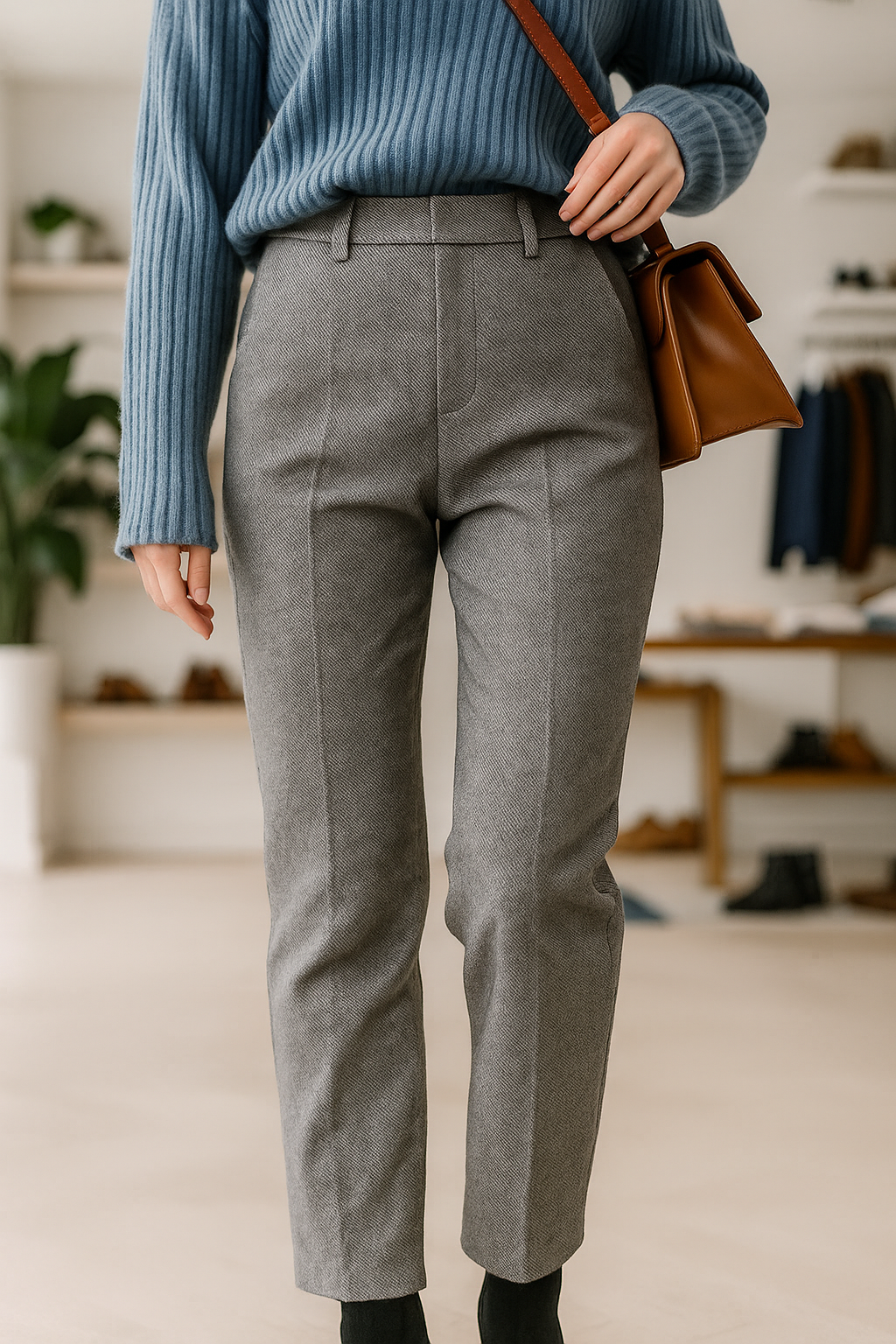 Wool Herringbone Trousers for Women - Classic Fit Dress Pants for Office & Casual