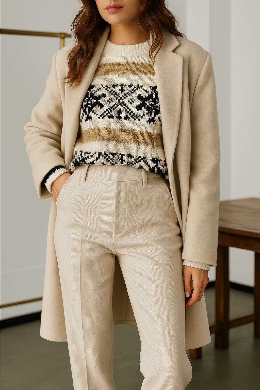 Wool Herringbone Trousers for Women - Classic Fit Dress Pants for Office & Casual