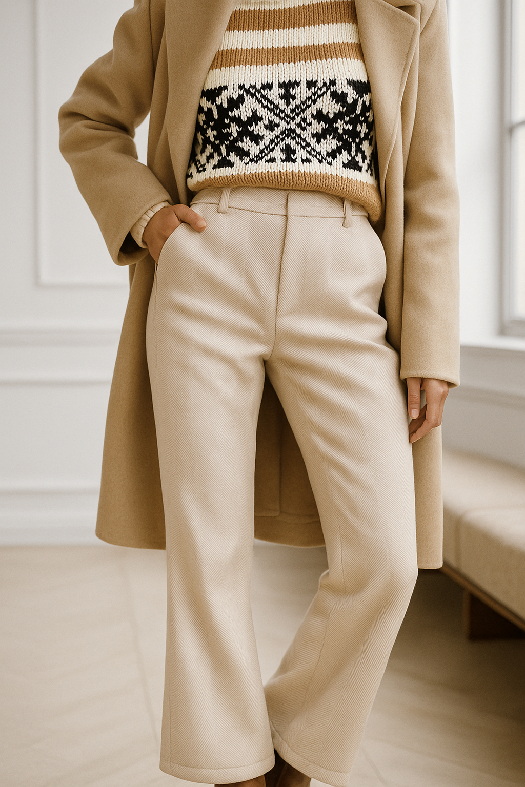 Wool Herringbone Trousers for Women - Classic Fit Dress Pants for Office & Casual