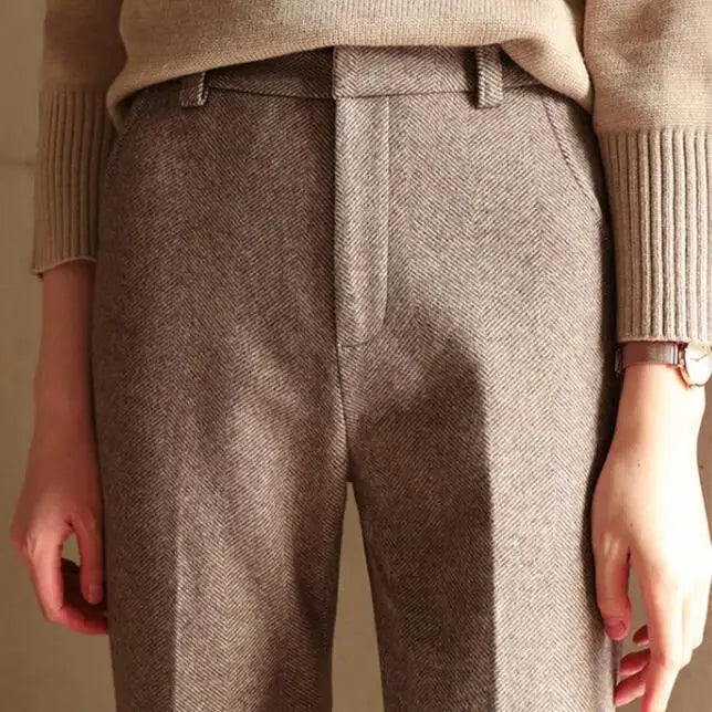 Wool Herringbone Trousers for Women - Classic Fit Dress Pants for Office & Casual