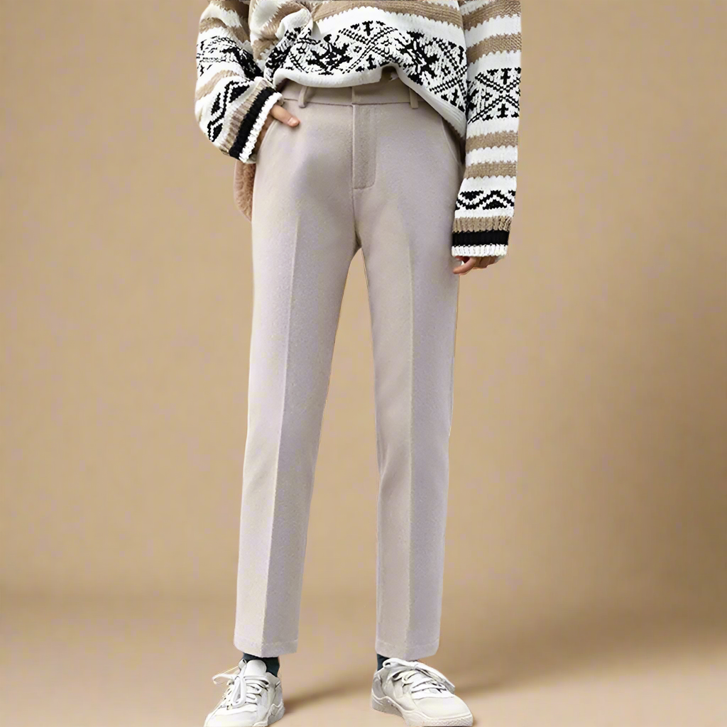 Wool Herringbone Trousers for Women - Classic Fit Dress Pants for Office & Casual