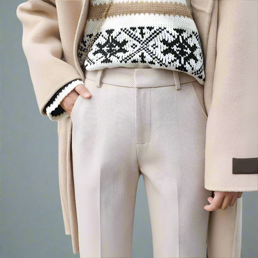 Wool Herringbone Trousers for Women - Classic Fit Dress Pants for Office & Casual