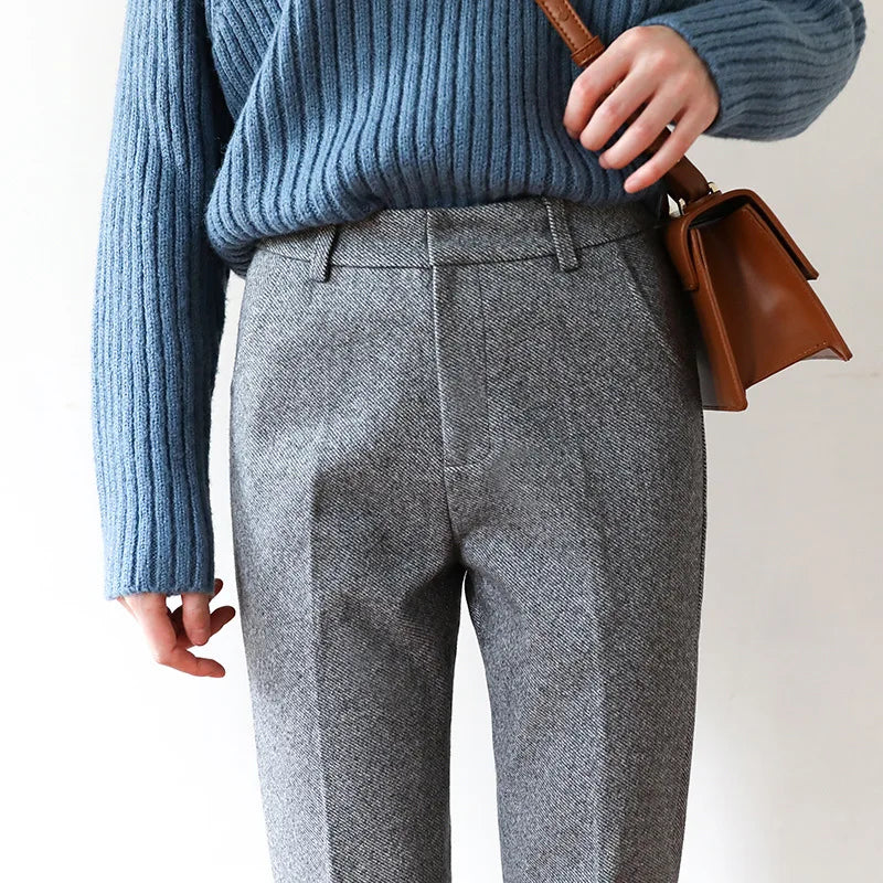 Wool Herringbone Trousers for Women - Classic Fit Dress Pants for Office & Casual