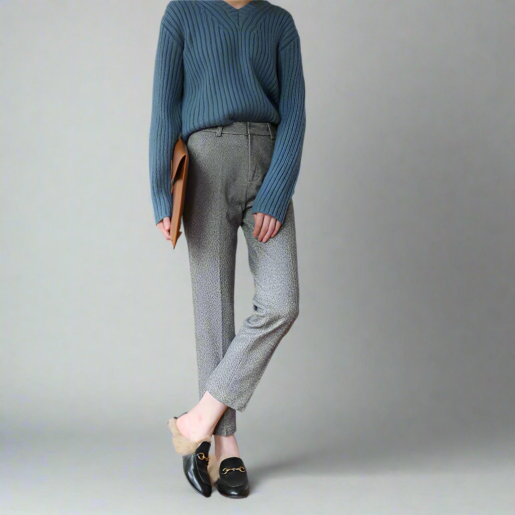 Wool Herringbone Trousers for Women - Classic Fit Dress Pants for Office & Casual