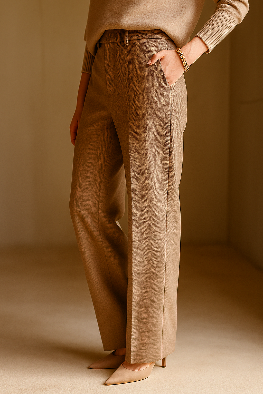 Wool Herringbone Trousers for Women - Classic Fit Dress Pants for Office & Casual