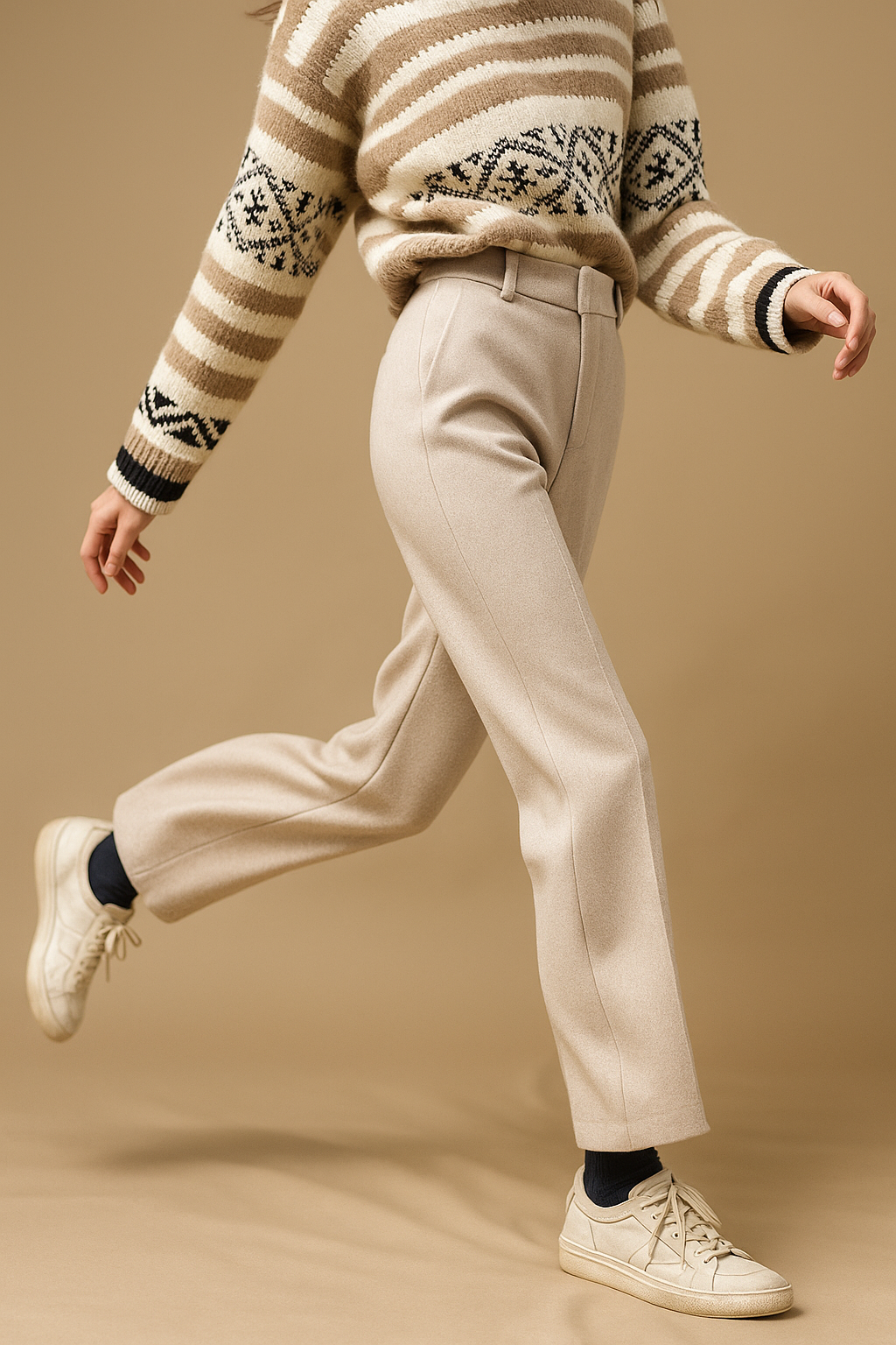 Wool Herringbone Trousers for Women - Classic Fit Dress Pants for Office & Casual