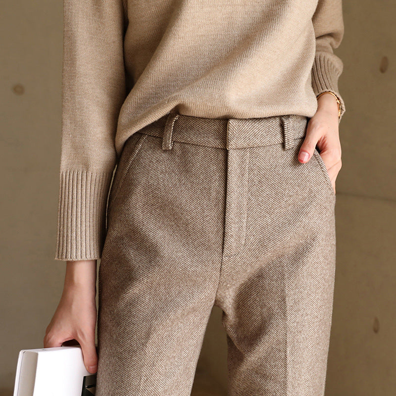 Wool Herringbone Trousers for Women - Classic Fit Dress Pants for Office & Casual